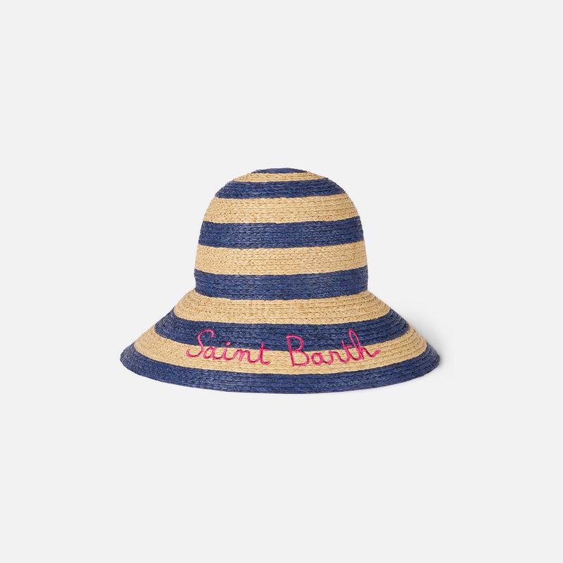 Woman straw bucket with front embroidery and stripes