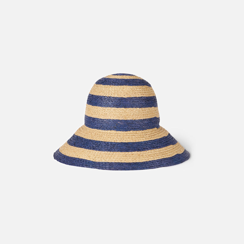 Woman straw bucket with front embroidery and stripes