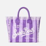 Borsa a spalla Vanity in canvas con righe lilla e viola