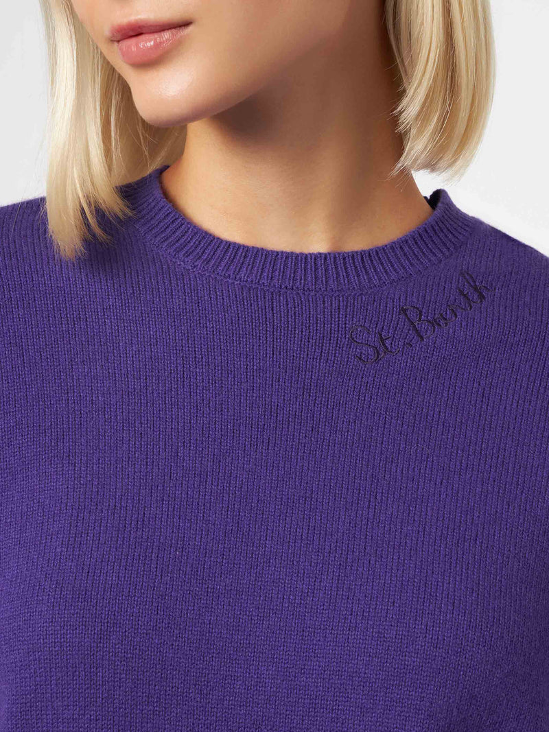 Maglia viola da donna girocollo con ricamo St. Barth