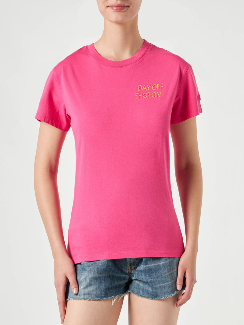 T-shirt da donna fucsia in cotone con ricamo