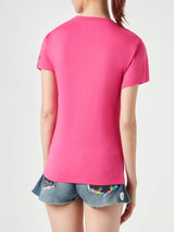 Woman fucsia cotton t-shirt with embroidery