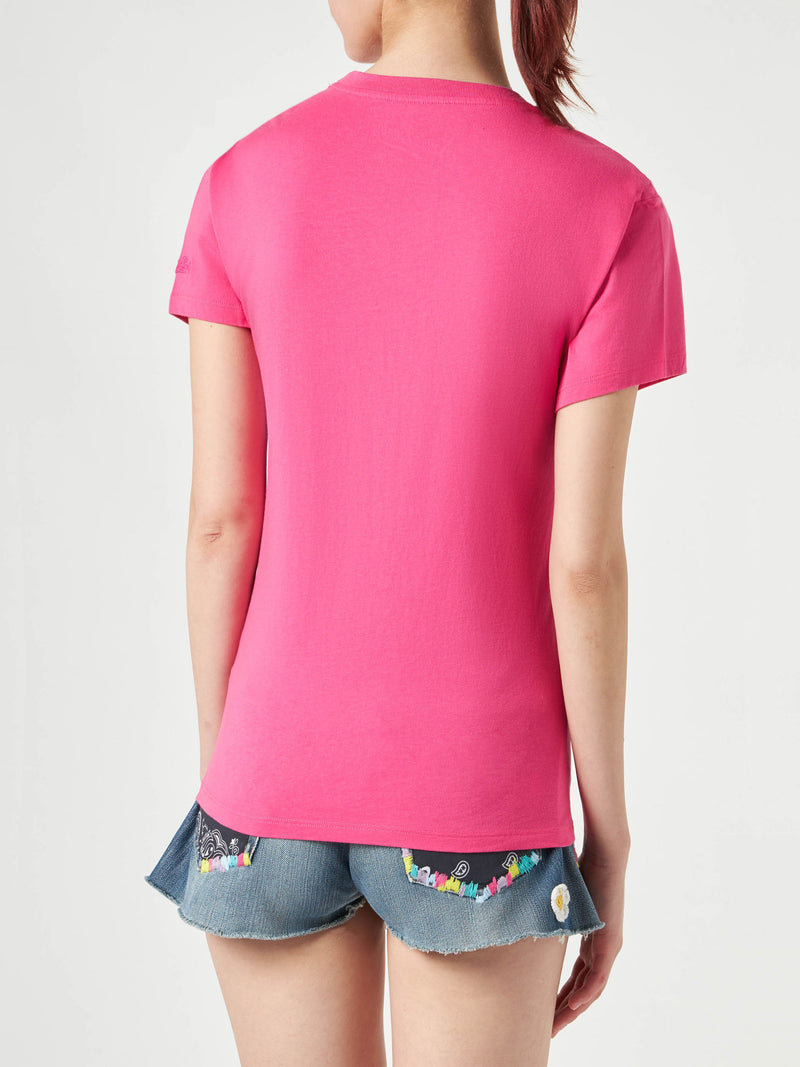 Woman fucsia cotton t-shirt with embroidery