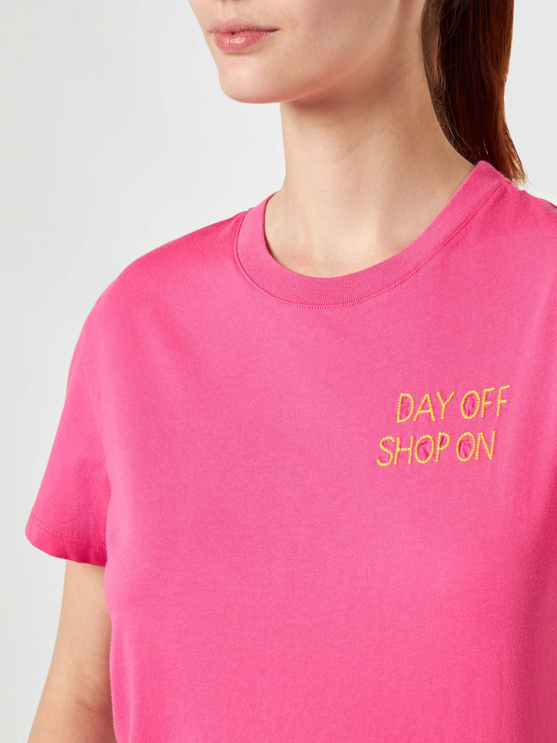 Woman fucsia cotton t-shirt with embroidery