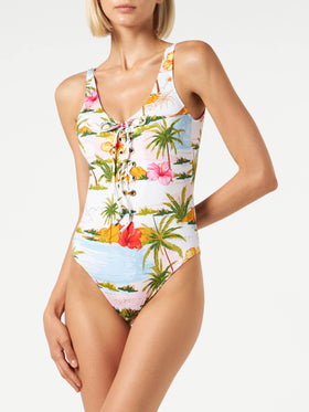 Woman one-piece swimsuit with tropical print - MC2 Saint Barth