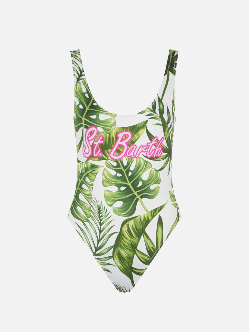 Woman one piece swimsuit with tropical print