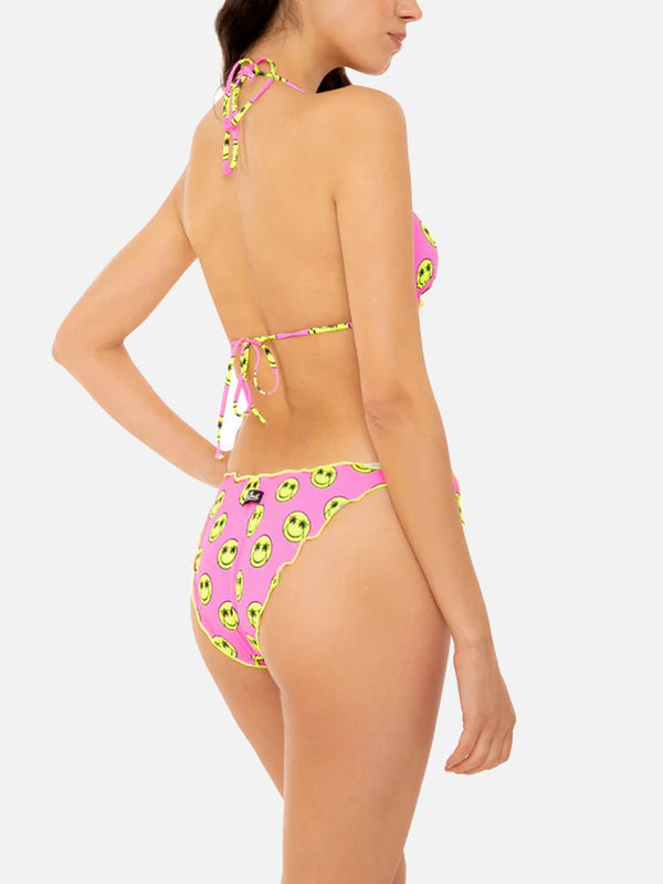 Bikini da donna a triangolo con stampa smile gialla