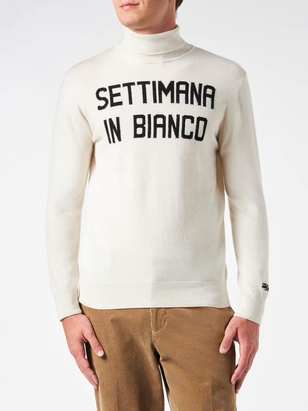 Man turtleneck sweater with Settimana in Bianco jacquard