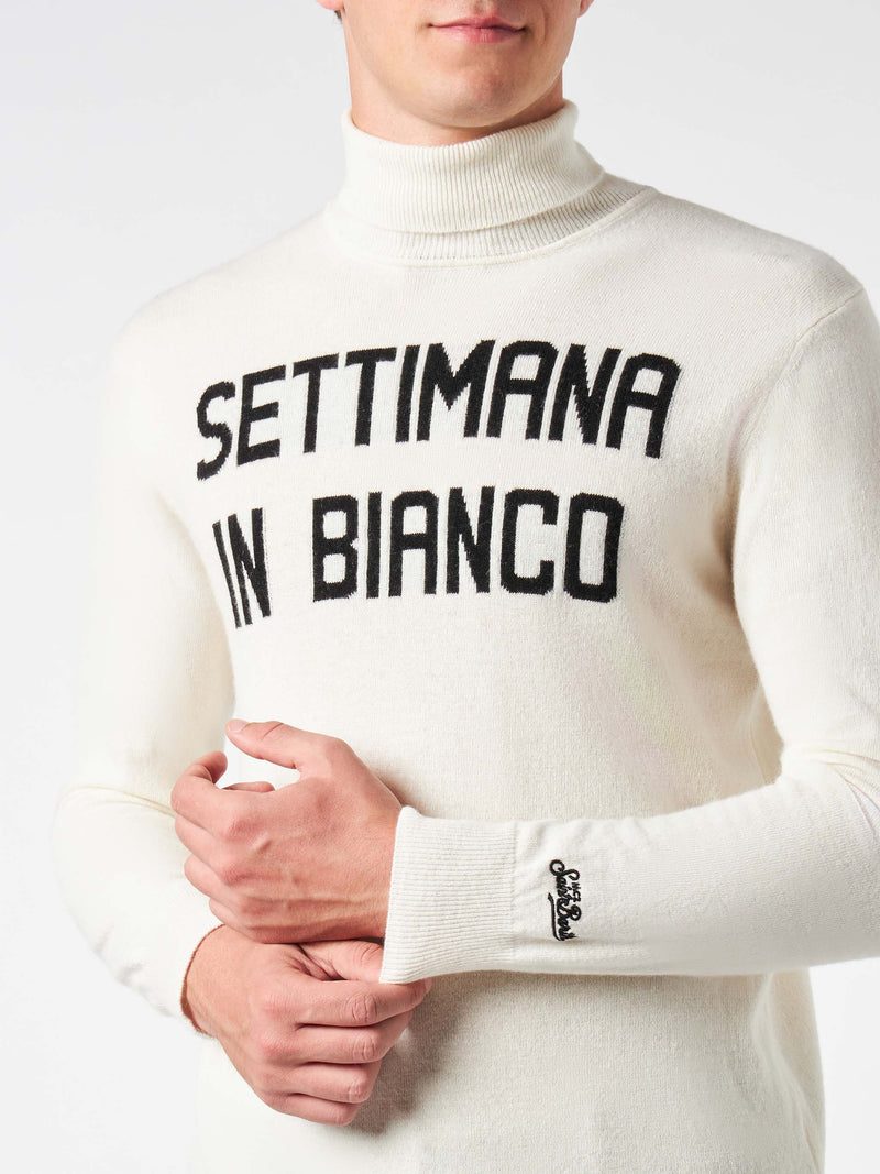 Man turtleneck sweater with Settimana in Bianco jacquard