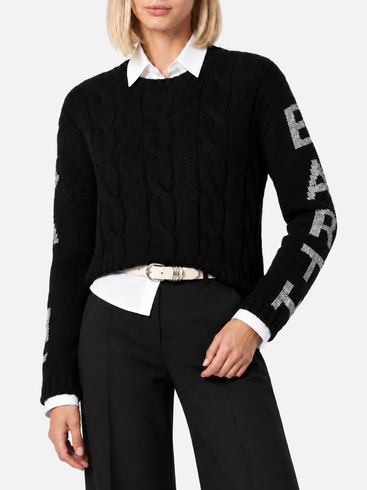 Malmo black cable knit sweater with lurex logo
