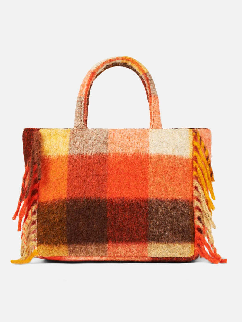 Borsa a spalla coperta Vanity con check multicolor e frange