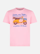 Herren-T-Shirt aus Baumwolle im Vintage-Look mit „Dami una Vespa e ti porto a St. Barth“-Aufdruck | VESPA® SONDEREDITION