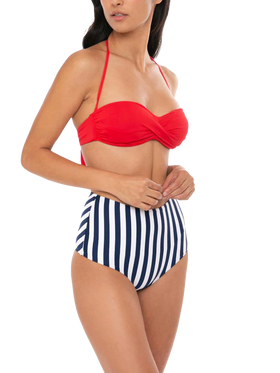 Bikini mit hohem Vintage-Badeanzug und blauem Streifenmuster