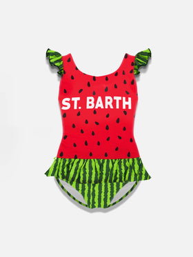 Girl ruffled one piece swimsuit with watermelon print - MC2 Saint Barth