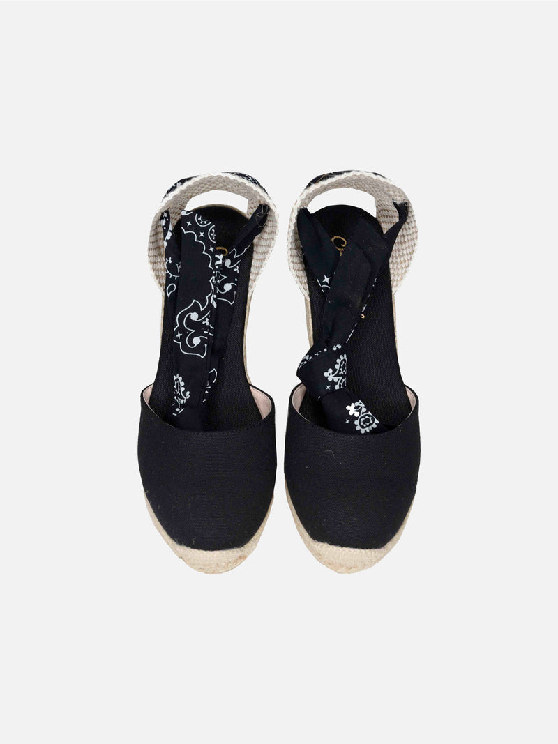 Schwarze bedruckte Canvas-Espadrillas mit hohem Keilabsatz und Knöchelspitze