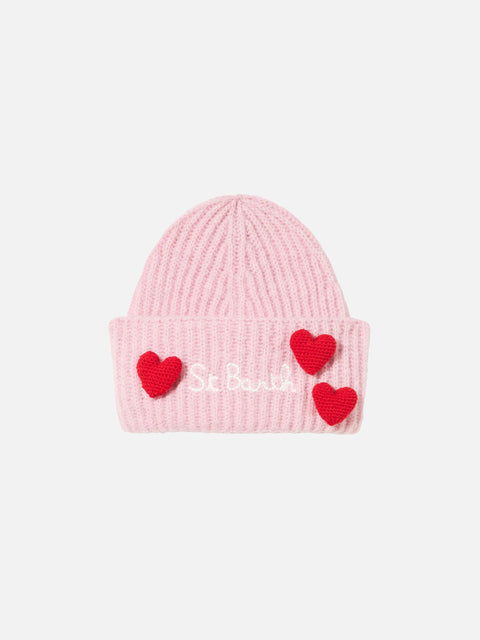 Woman brushed and ultra soft beanie with hearts appliqués - MC2 Saint Barth