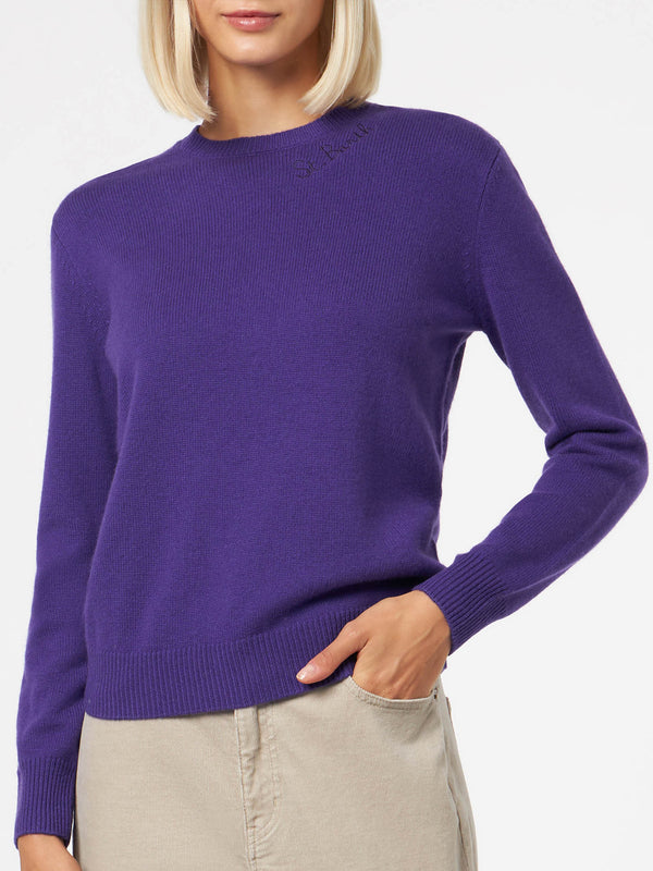 Maglia viola da donna girocollo con ricamo St. Barth