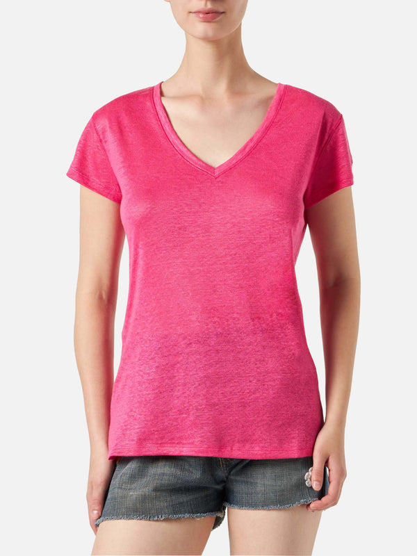 T-shirt da donna in lino fucsia