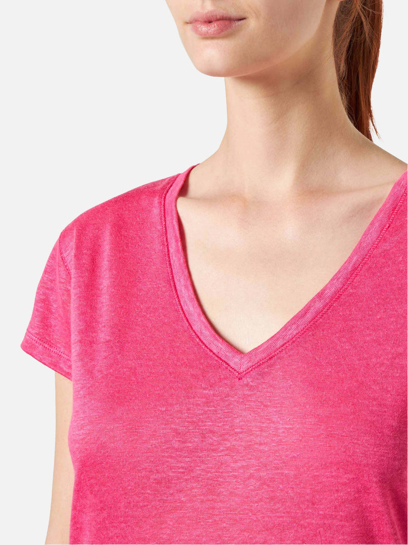 T-shirt da donna in lino fucsia