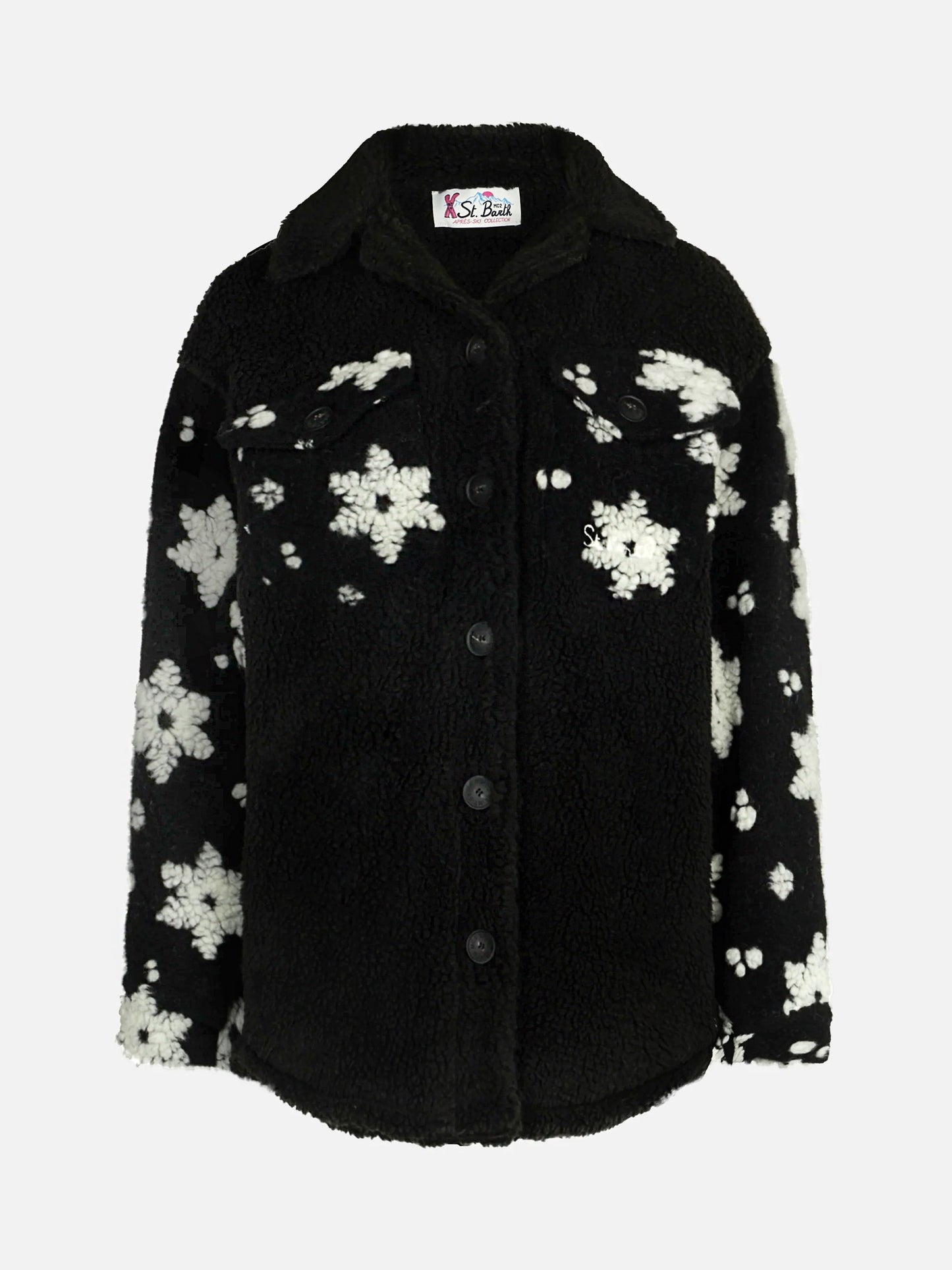 Woman sherpa overshirt with snow flakes print