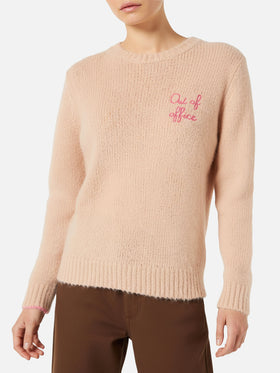 Woman beige brushed sweater with embroidery
