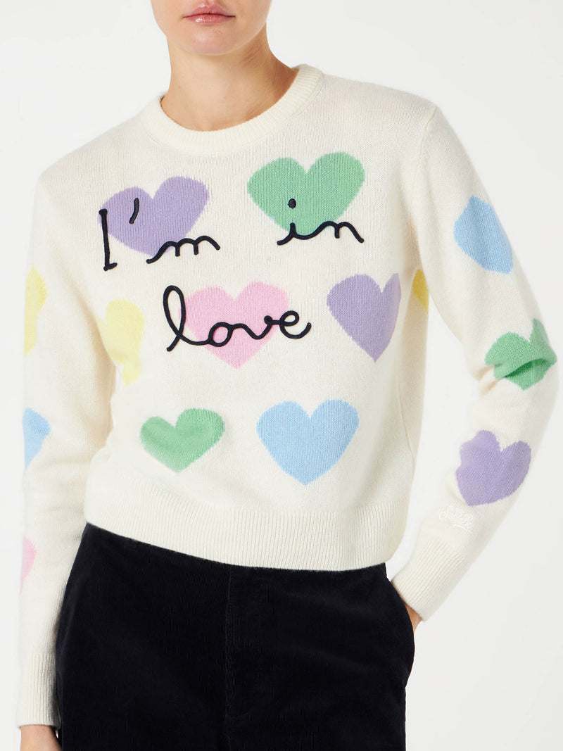 Damenpullover mit Herzaufdruck und „I'm in Love“-Stickerei