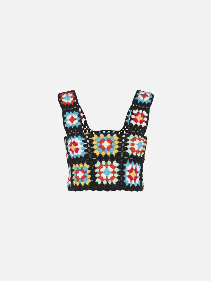 Top Halima de crochet multicolor sobre base negra 