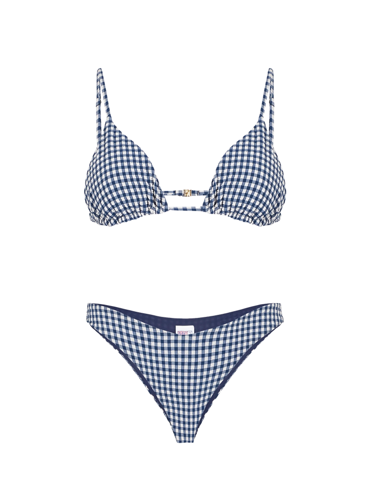 Bikini da donna a triangolo con stampa vichy blu