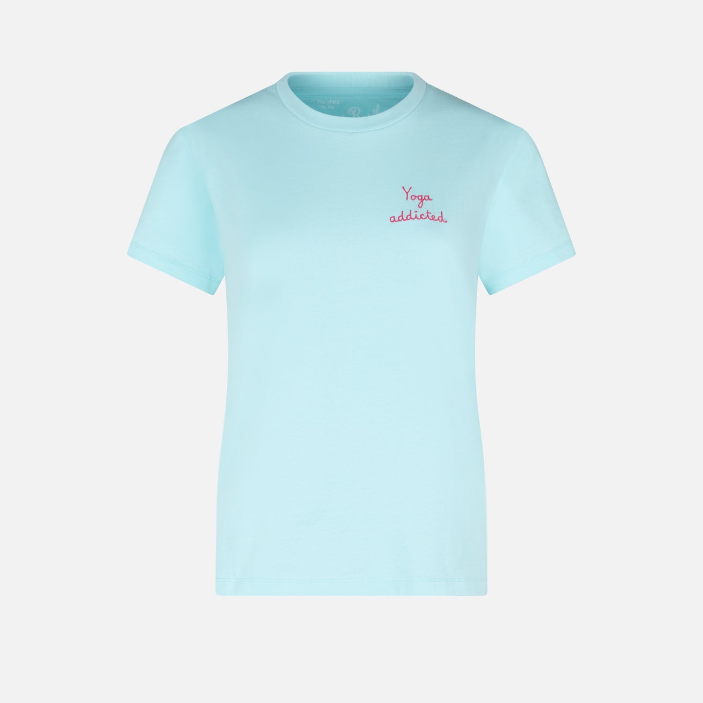 Woman cotton t-shirt with "yoga addicted" embroidered writing