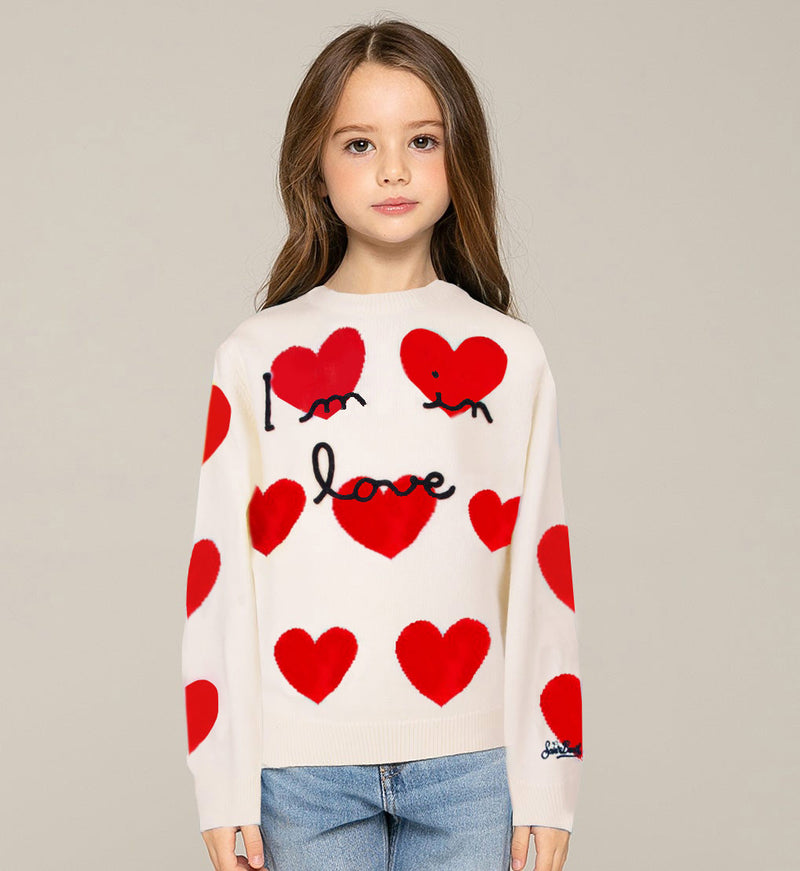 Girl white sweater with heart jacquard