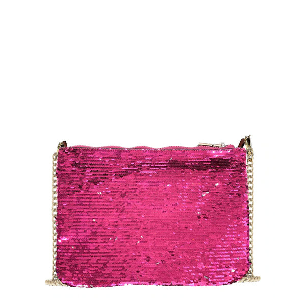 Fuchsiafarbene Parisienne-Pochette mit Pailletten und Schultergurt
