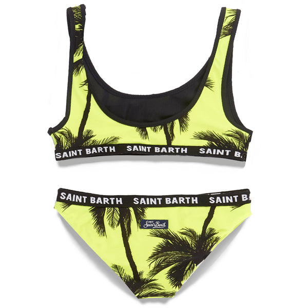 Bikini da bambina a bralette con stampa palme nere 