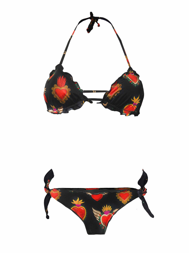 Woman ruffled swim briefs with sacred hearts print