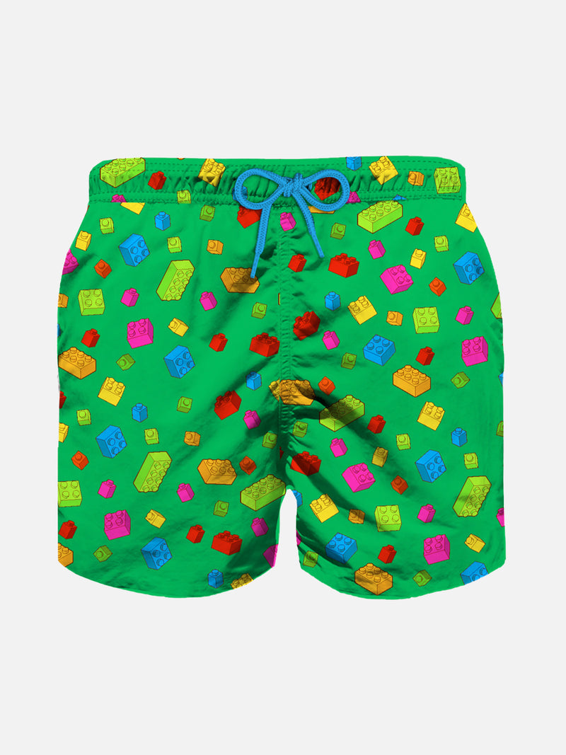 Boy swim shorts with multicolor bricks print