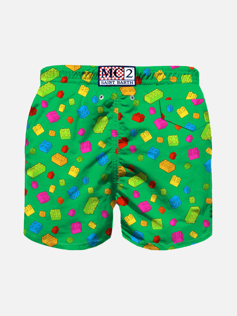 Boy swim shorts with multicolor bricks print