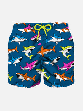 Boy swim shorts with multicolor sharks print