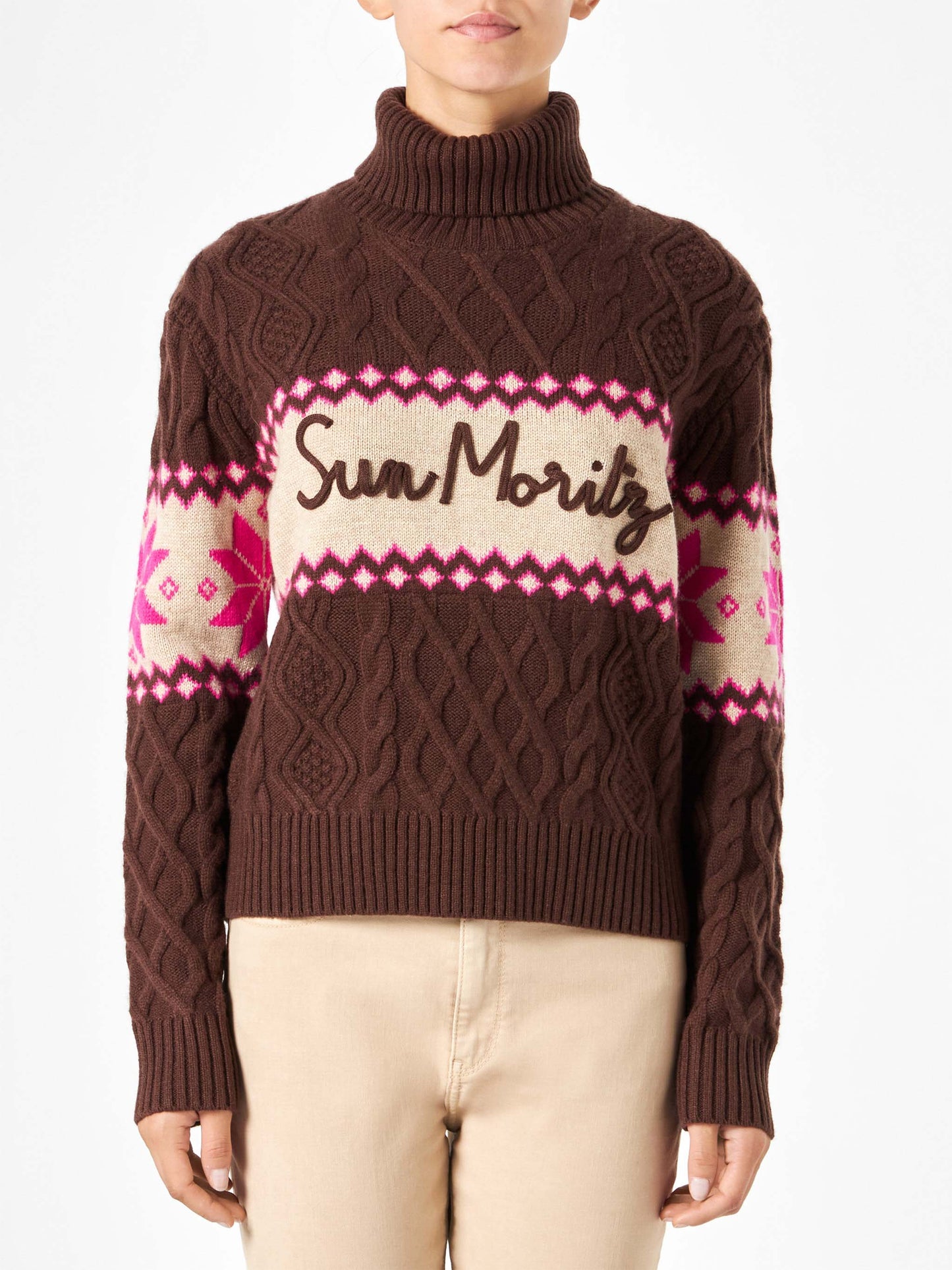 Maglione da donna mezzo dolcevita con scritta Sun Moritz