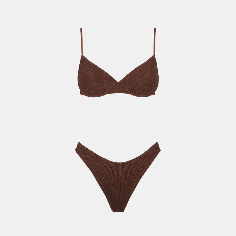 Bikini da donna a bralette con ferretto marrone crinkle