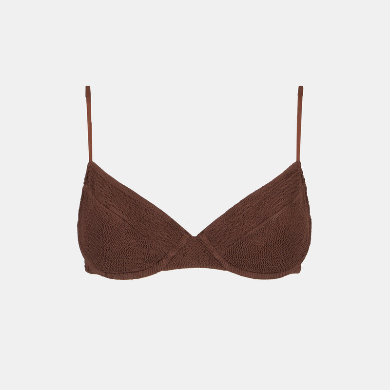 Woman brown crinkle underwired bralette swimsuit