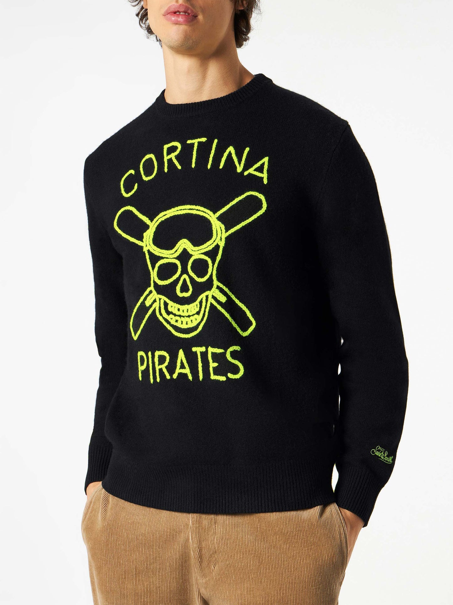 Maglione nero da uomo ricamo Cortina Pirates fluo