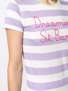 Woman striped t-shirt with St. Barth is my dream embroidery
