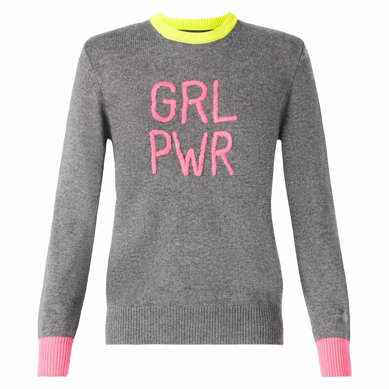 Maglia da donna grigia ricamo GIRL PWR fluo e dettagli fluo