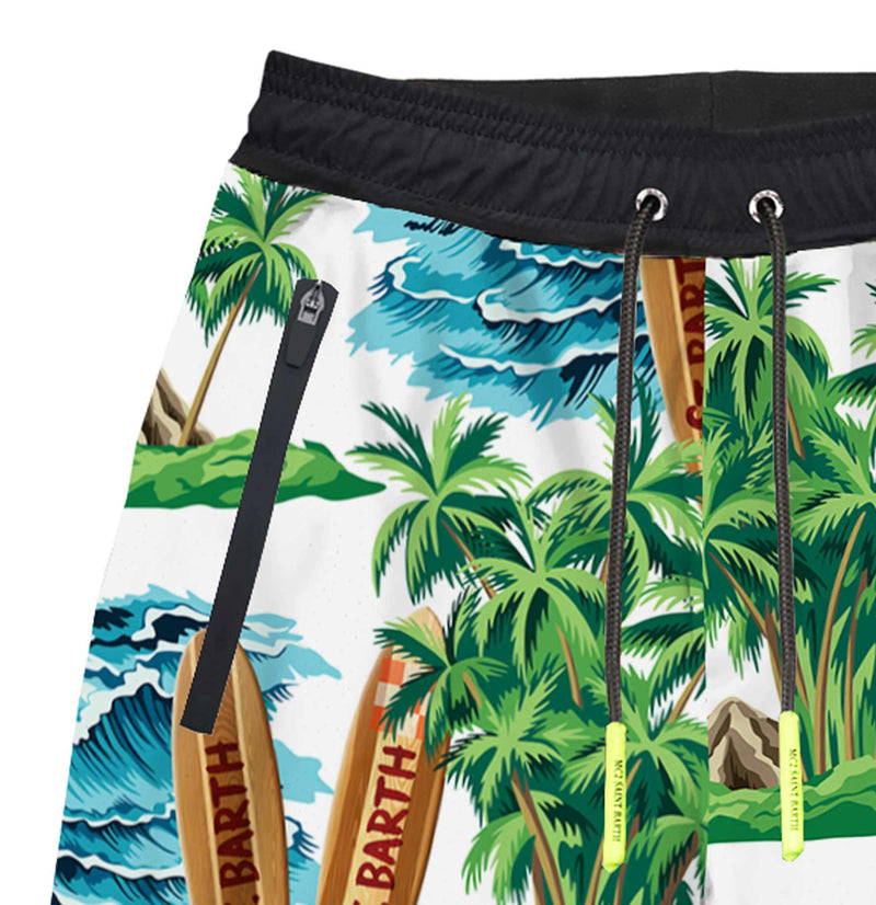 Jungen-Badeshorts im Surf-Stil mit hawaiianischem Aufdruck