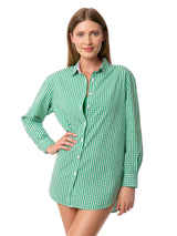 Green gingham cotton shirt with embroidery