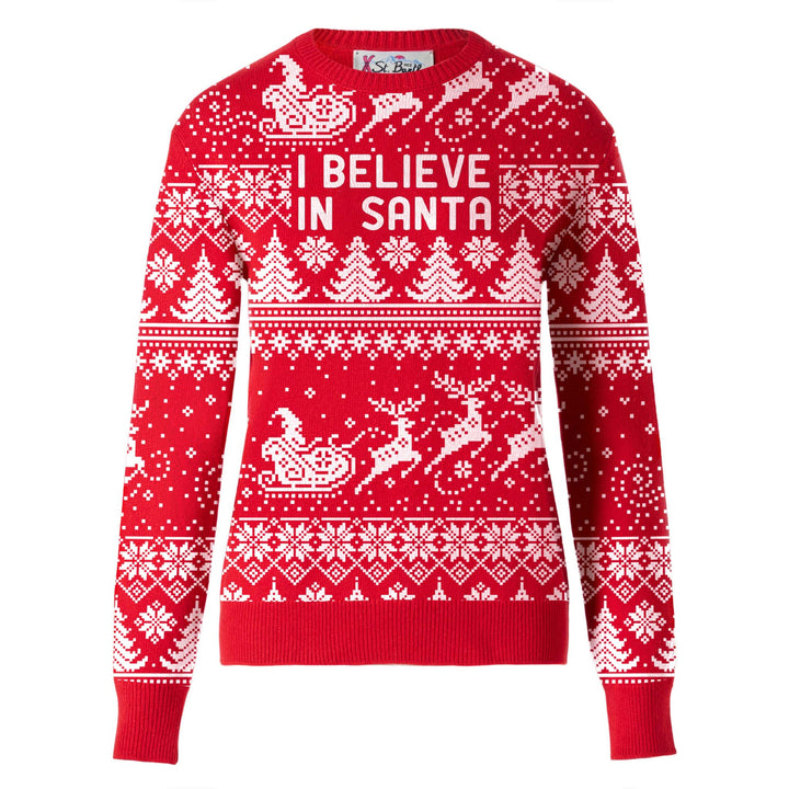 Woman sweater with I believe in Santa lettering
