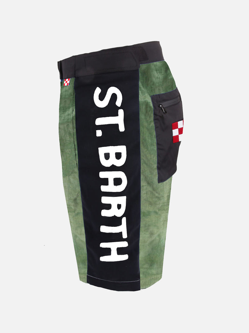 Military green swim shorts with contrast lateral band