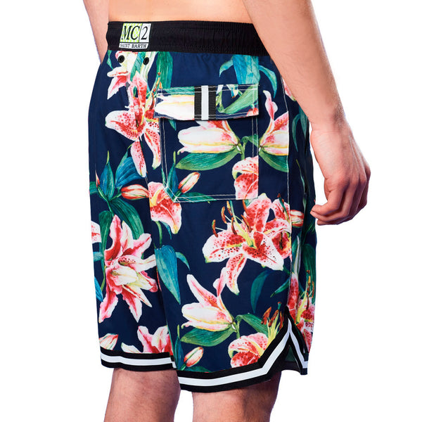 Tropical print swim shorts surf style