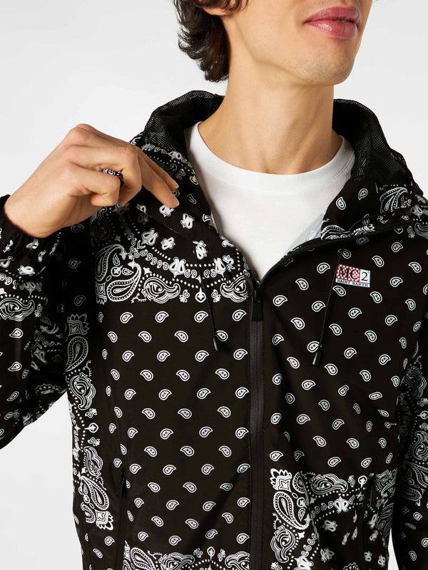 Man hooded lightweight windbreaker with bandanna print