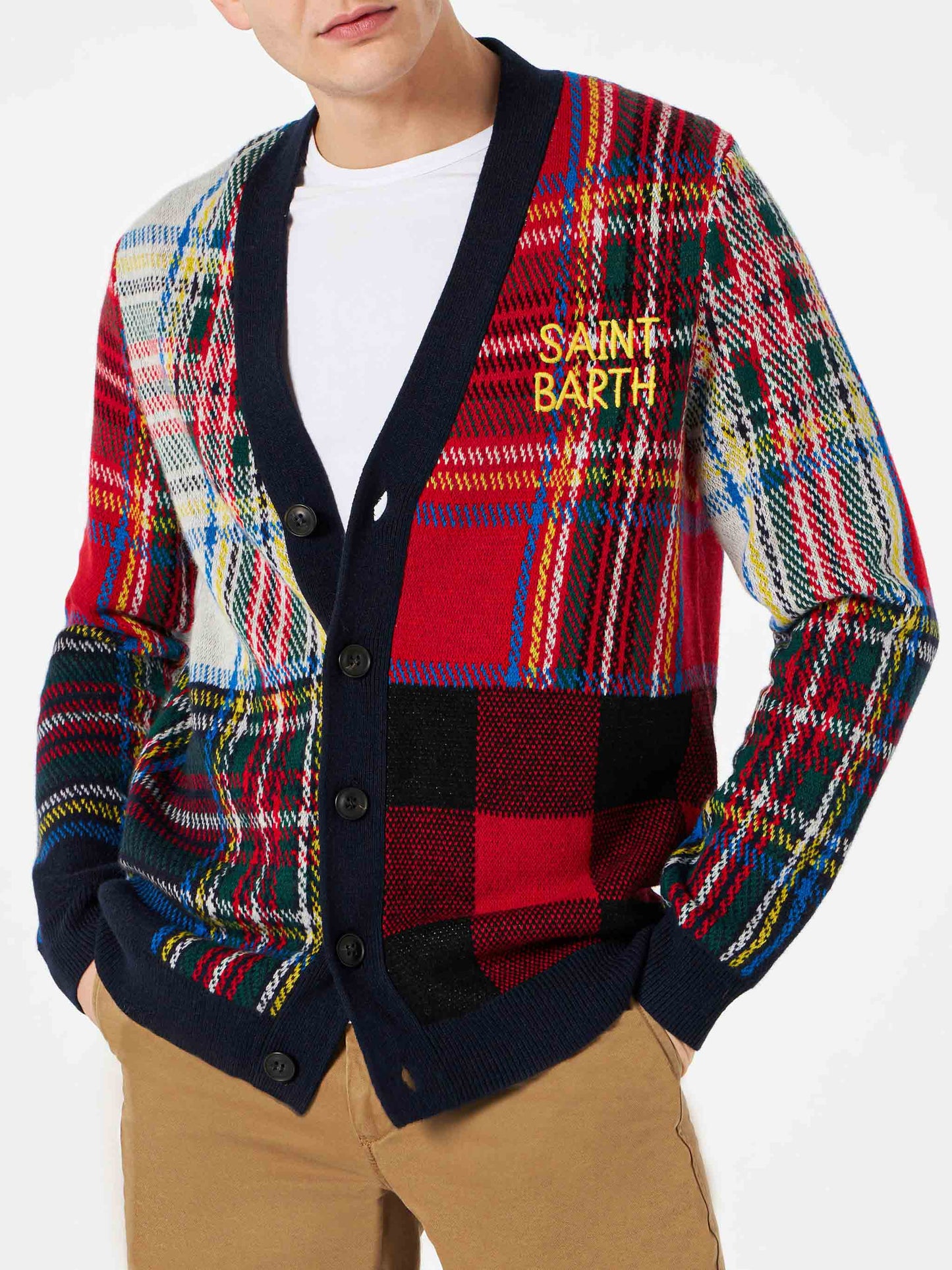 Herren-Strickjacke mit Schottenkaro und Saint-Barth-Stickerei