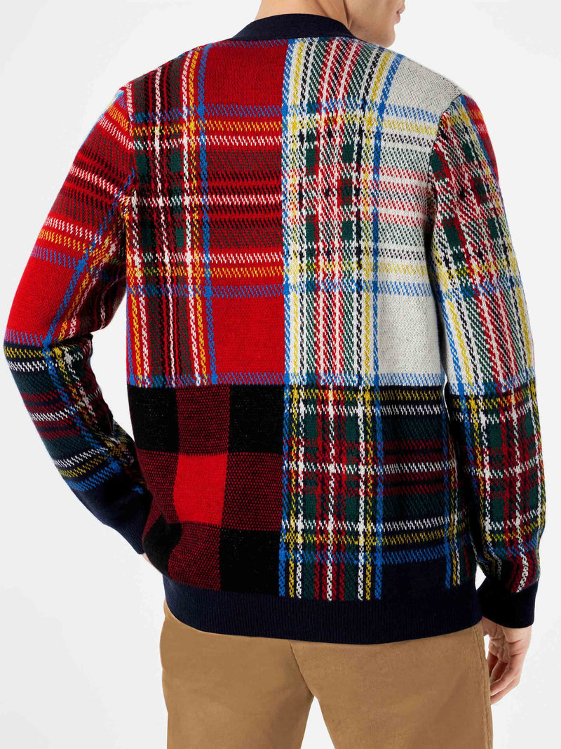 Man tartan knitted cardigan with Saint Barth embroidery